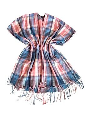 PONCHO ~ Women’s Plaid Pink and Blue and White One Size Fits All